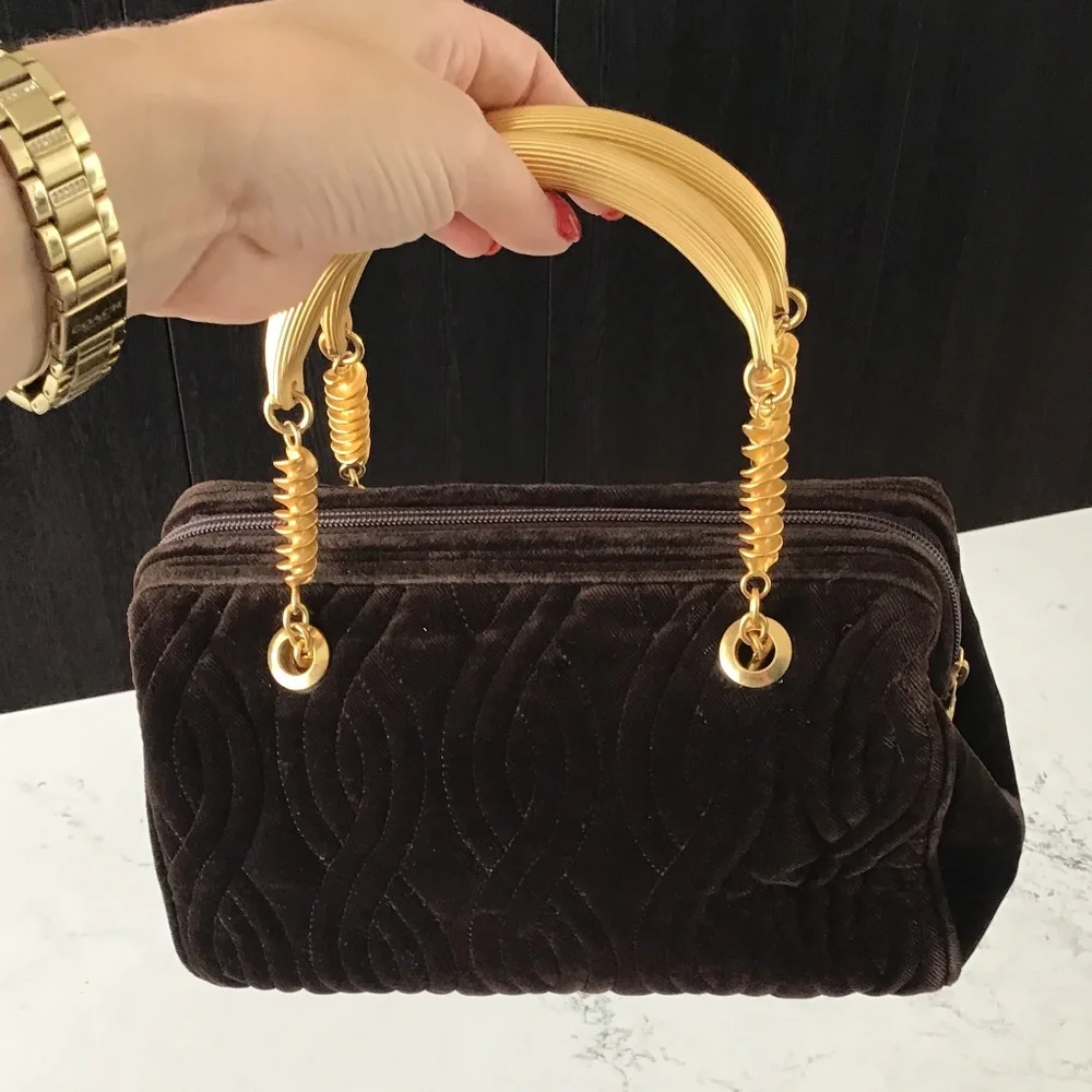 FENDI rare vintage handbag brown quilted velvet with gold handles - Picture 2 of 16